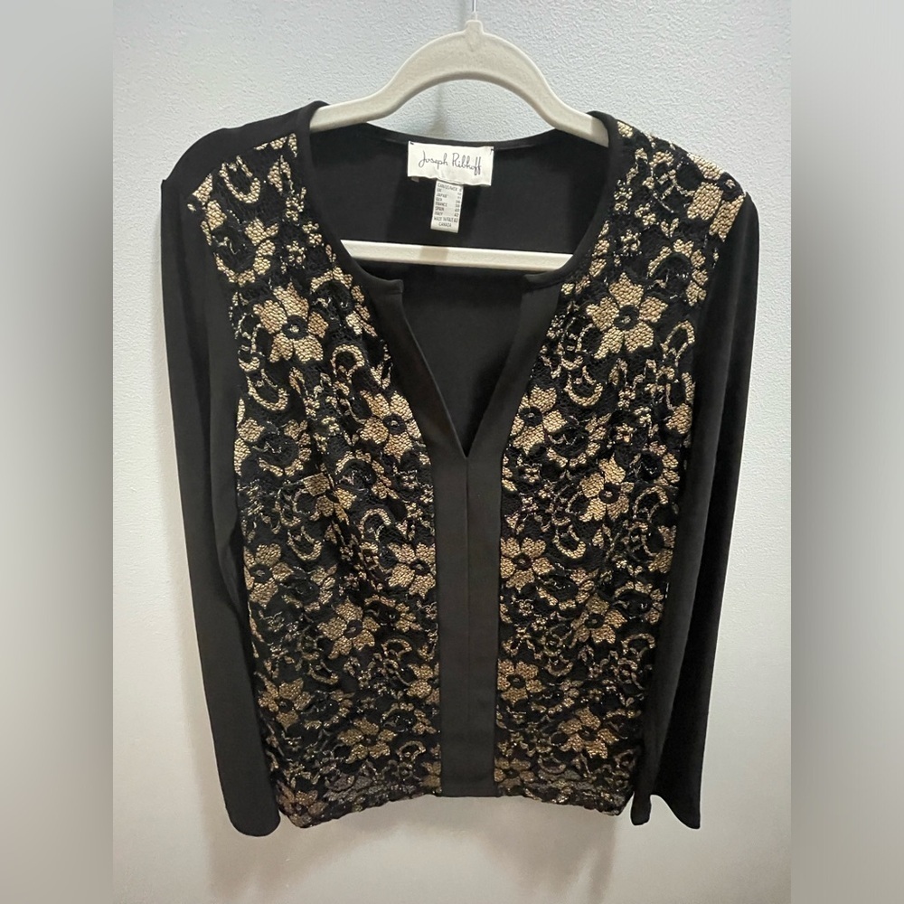 JOSEPH RIBKOFF Gold & Black Floral Lace Blouse Sz 8 V-Neck Career Office Holiday